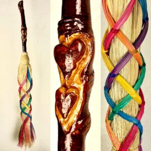 Celebrating Queer Love Celtic Wedding Besom for Marriage Broom Jumping ceremony Celtic Gay Queer Wedding Carved Love Heart Couple Handcrafted Sorghum Broomcorn Besom Sweeper Marriage Broom on Cherry hardwood handle with artistic rainbow colors & creative colored stitching for hearth and home made by Max Hendry MHcrafted Appalachian historic heritage handcraft