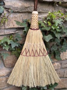 Bi-Color Sweeper Handcrafted Sorghum Broomcorn Shaker Style Sweeper Broom on Maple hardwood handle with artistic stitching for hearth and home made by Max Hendry MHcrafted Appalachian historic heritage handcraft
